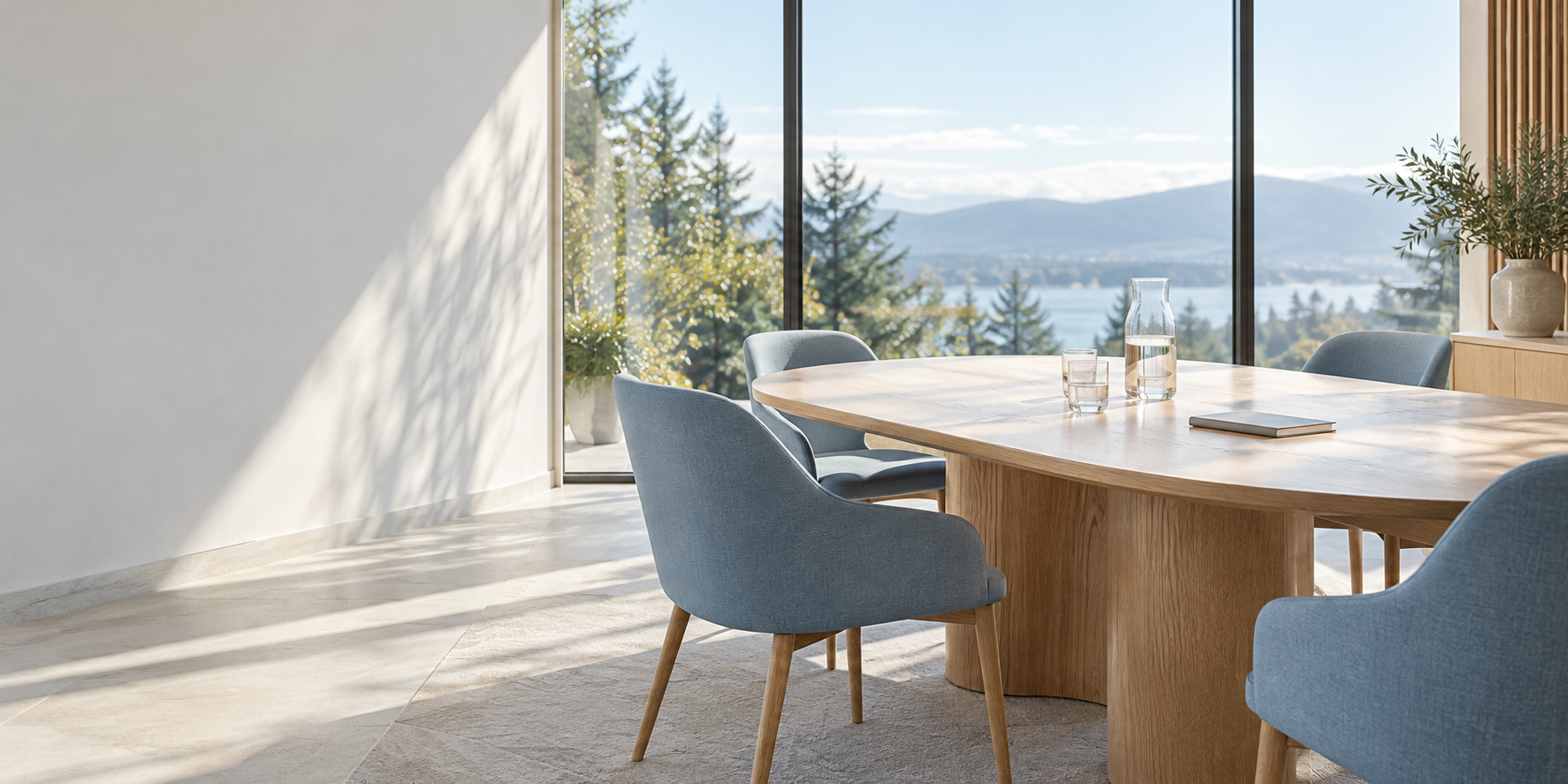 Illustrative sunlit meeting space with an oak table and pale blue chairs